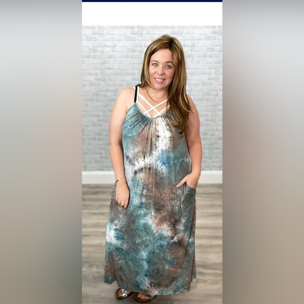 GREEN TEAL TIE DYE ADJUSTABLE STRAP SLEEVELESS MAXI SUMMER DRESS POCKETS SIZE 1X